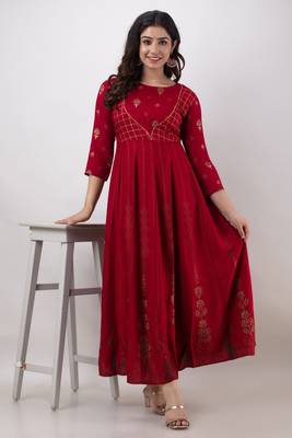 ftDiva Women Printed Anarkali Kurta in Red 1