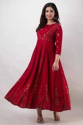 ftDiva Women Printed Anarkali Kurta in Red 3