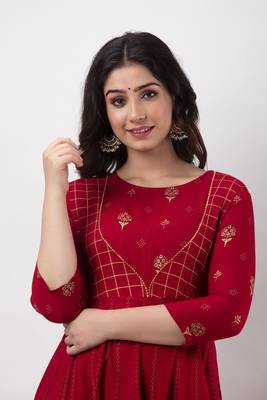 ftDiva Women Printed Anarkali Kurta in Red 5
