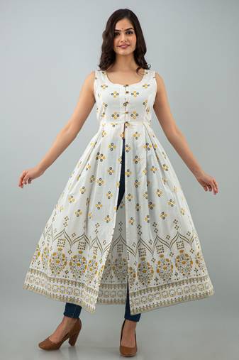 ftDiva Printed Opefront Flared Kurta in White
