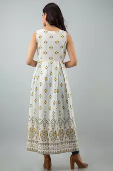 Printed Opefront Flared Kurta in White