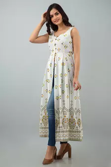Printed Opefront Flared Kurta in White
