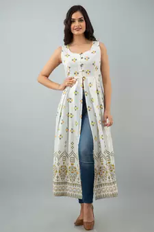 Printed Opefront Flared Kurta in White