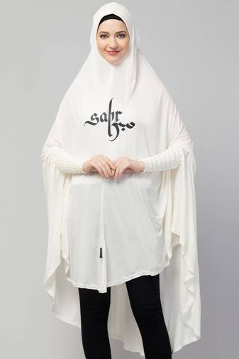  Nazneen Islamic Calligraphy printed  stretchable Jersey smoking at  sleeve  Jilbab cum prayer khimar  Hijab
