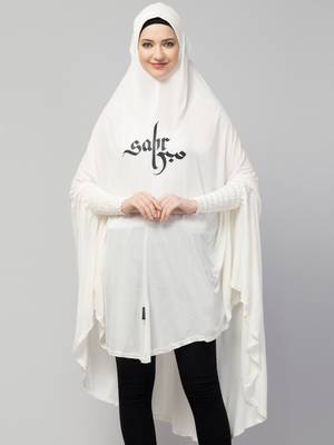  Nazneen Islamic Calligraphy printed  stretchable Jersey smoking at  sleeve  Jilbab cum prayer khimar  Hijab 1