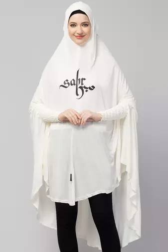  Nazneen Islamic Calligraphy printed  stretchable Jersey smoking at  sleeve  Jilbab cum prayer khimar  Hijab