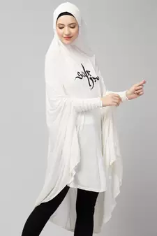  Nazneen Islamic Calligraphy printed  stretchable Jersey smoking at  sleeve  Jilbab cum prayer khimar  Hijab