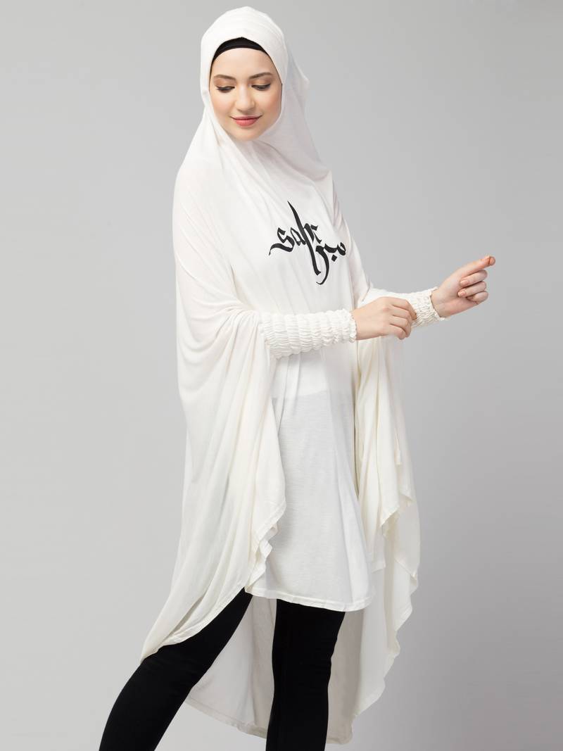  Nazneen Islamic Calligraphy printed  stretchable Jersey smoking at  sleeve  Jilbab cum prayer khimar  Hijab