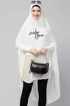  Nazneen Islamic Calligraphy printed  stretchable Jersey smoking at  sleeve  Jilbab cum prayer khimar  Hijab