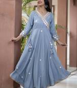 ftDiva Women Emblished Angarakha Flared Kurta in Grey