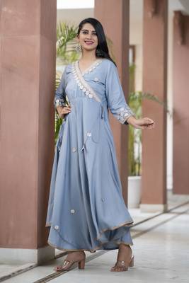ftDiva Women Emblished Angarakha Flared Kurta in Grey 2