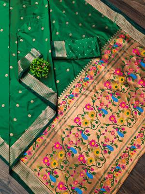 Green Woven Zari Silk Saree With Blouse 1