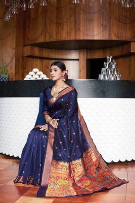 Navy Blue Woven Zari Art Silk Saree With Blouse 3