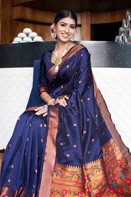 Navy Blue Woven Zari Art Silk Saree With Blouse 4