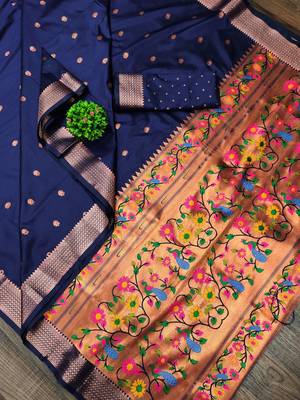 Navy Blue Woven Zari Art Silk Saree With Blouse 1