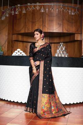 Black Woven Zari Silk Saree With Blouse 2