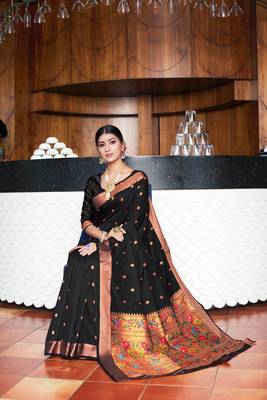 Black Woven Zari Silk Saree With Blouse 3