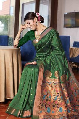 Green Woven Zari Silk Saree With Blouse 3