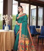 Turquoise Woven Zari Silk Saree With Blouse
