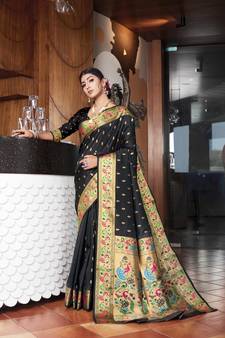 Black Woven Zari Silk Saree With Blouse