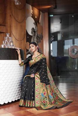 Black Woven Zari Silk Saree With Blouse 2