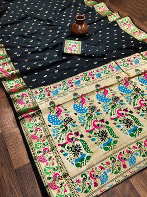 Black Woven Zari Silk Saree With Blouse 4