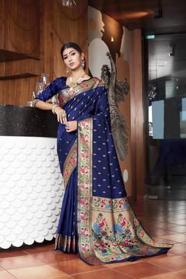 Navy Blue Woven Zari Silk Saree With Blouse 2