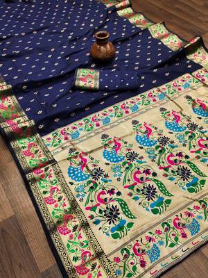 Navy Blue Woven Zari Silk Saree With Blouse 1