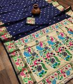 Navy Blue Woven Zari Silk Saree With Blouse