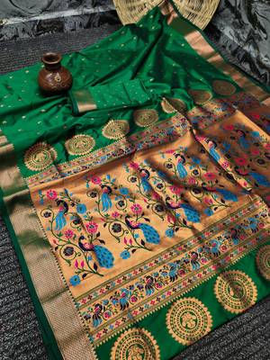 Green Woven Zari Silk Saree With Blouse 4