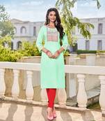 Green embroidered linen ethnic-kurtis