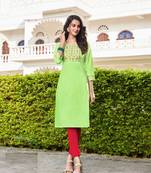 Green embroidered linen ethnic-kurtis