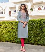 Grey embroidered linen ethnic-kurtis