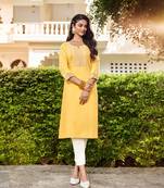 Yellow embroidered linen ethnic-kurtis