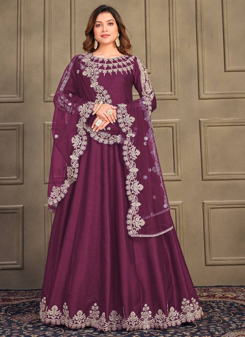 Wine Art Silk Embroidered Anarkali Salwar Kameez
