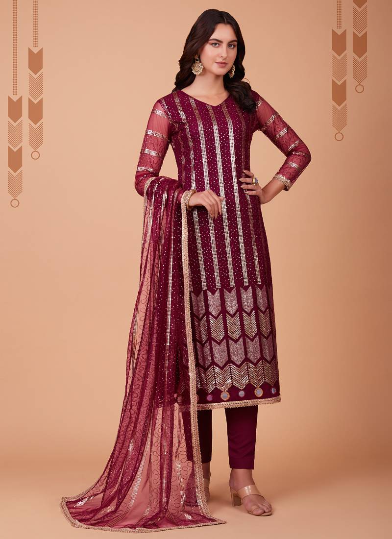 Maroon Georgette Sequins Pakistani Salwar Kameez