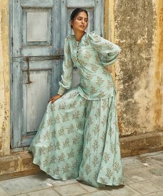 Powder Blue Short Kurta With Gharara 1