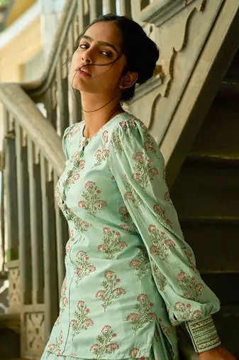 Powder Blue Short Kurta With Gharara