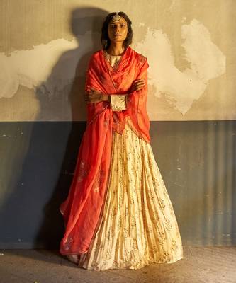 Peach Heavy Bustier With Lehenga And Dupatta 1