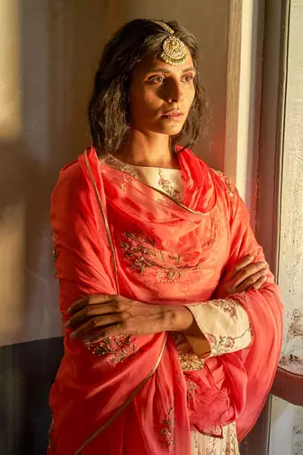 Peach Heavy Bustier With Lehenga And Dupatta