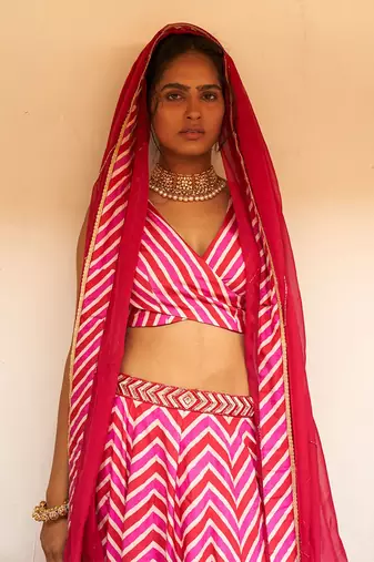 Overlap Bustier With Kali Lehenga And Dupatta