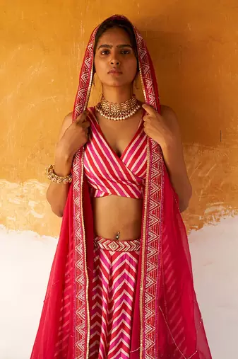 Overlap Bustier With Kali Lehenga And Dupatta