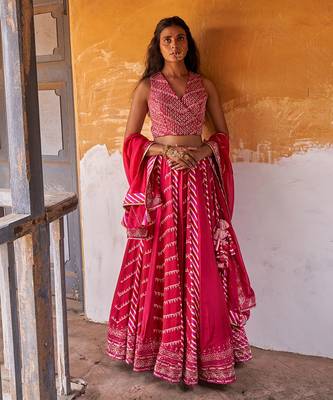 Pink Overlap Heavy Bustier With Kali Skirt And  Dupatta 1