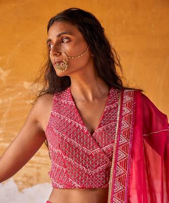 Pink Overlap Heavy Bustier With Kali Skirt And  Dupatta 2