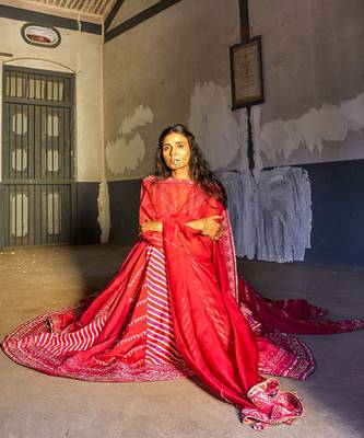 Pink Overlap Heavy Bustier With Kali Skirt And  Dupatta 3