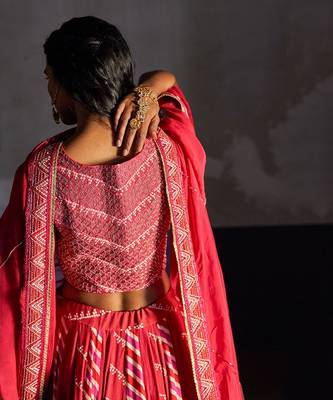 Pink Overlap Heavy Bustier With Kali Skirt And  Dupatta 4