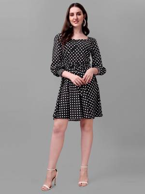 Black printed polyester short-dresses 1