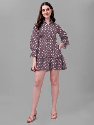 Brown printed polyester short-dresses 1