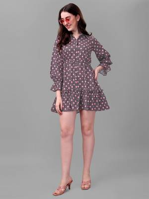 Brown printed polyester short-dresses 5