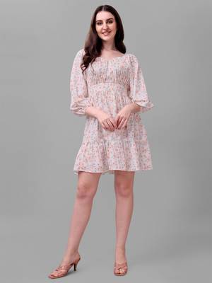 Cream printed polyester short-dresses 1